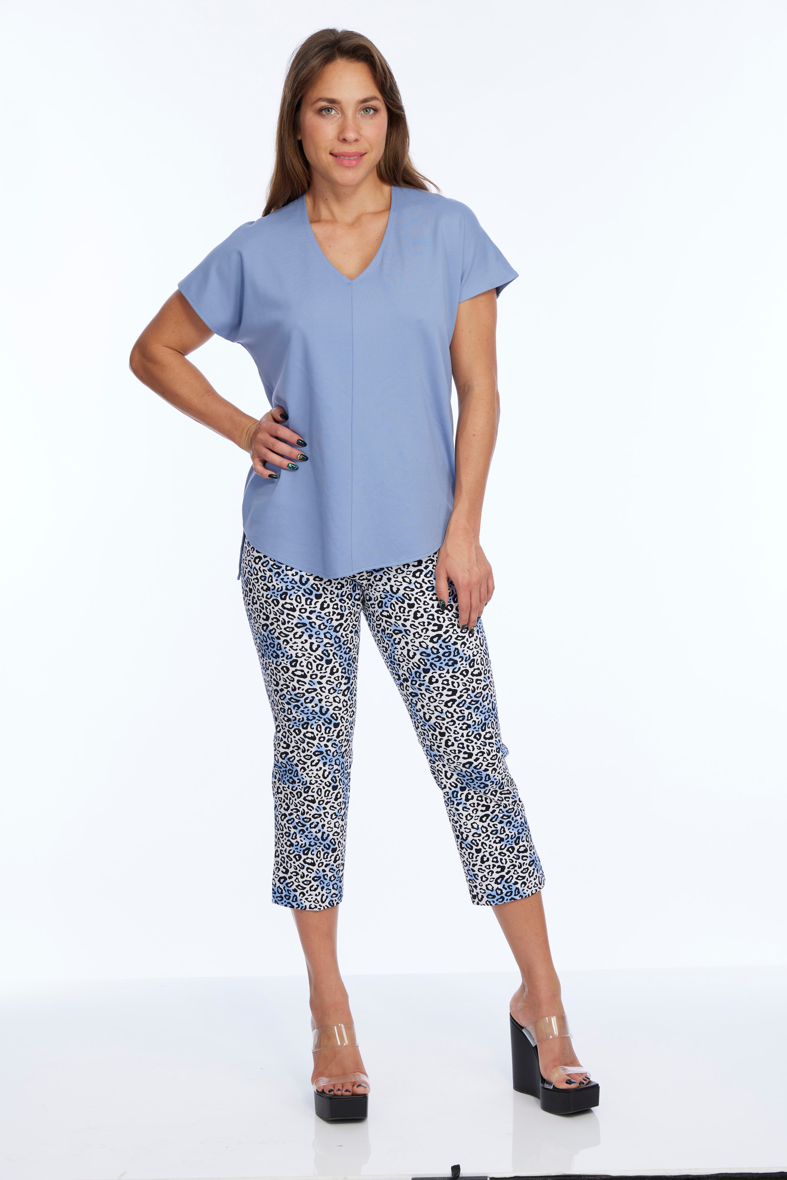 Women's Premium Short Sleeve Knit Steel Blue Top Zoe LIOR