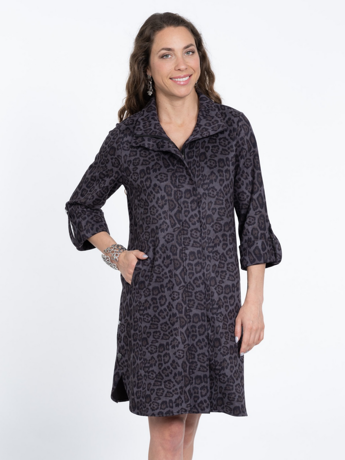 Women's Soft Knit Leopard Zip Front Knee Length Dress - "Milo"