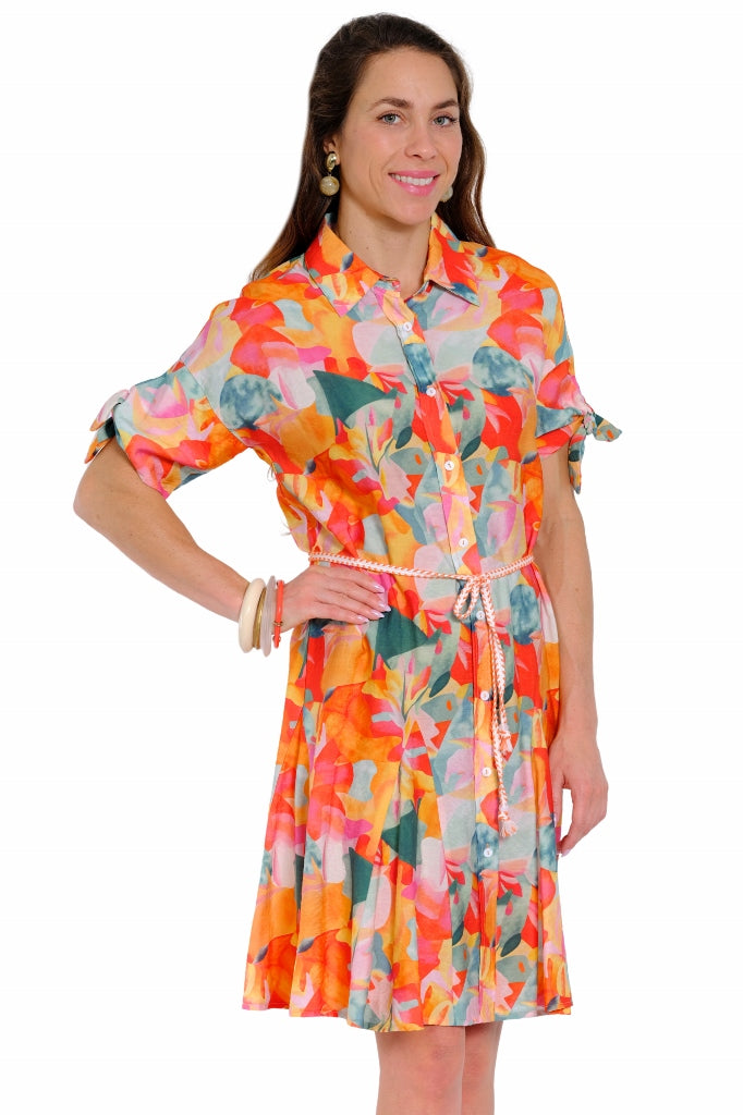 Bright tropical print vacation dress for women with relaxed fit and shirt dress silhouette