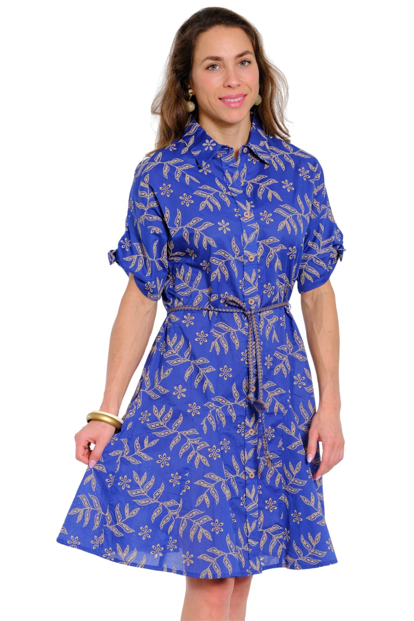 LIOR Mae casual travel shirt dress in cobalt blue with leaf pattern and relaxed silhouette