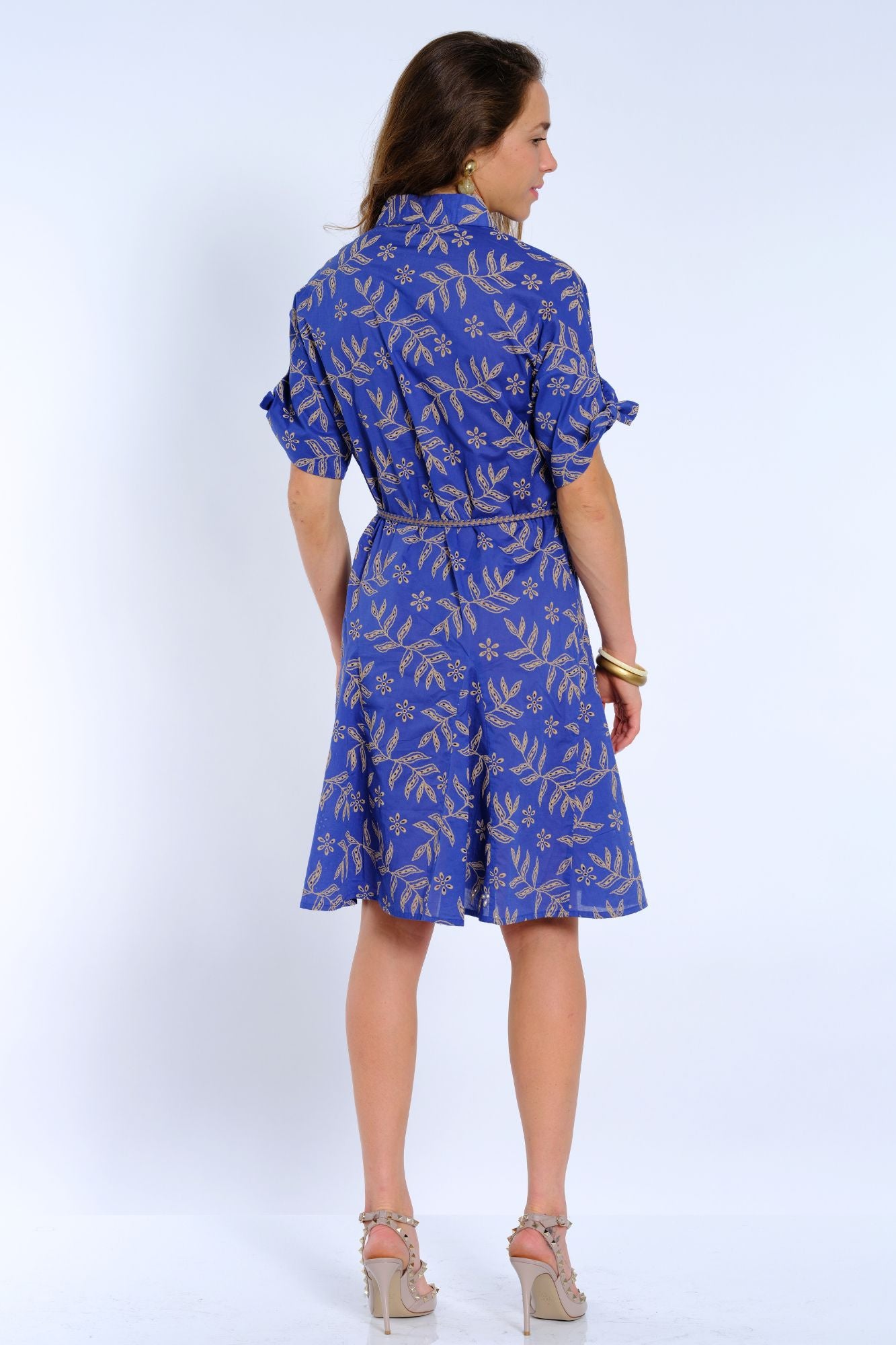 Women’s short sleeve fit-and-flare shirt dress by LIOR with adjustable belt and botanical print
