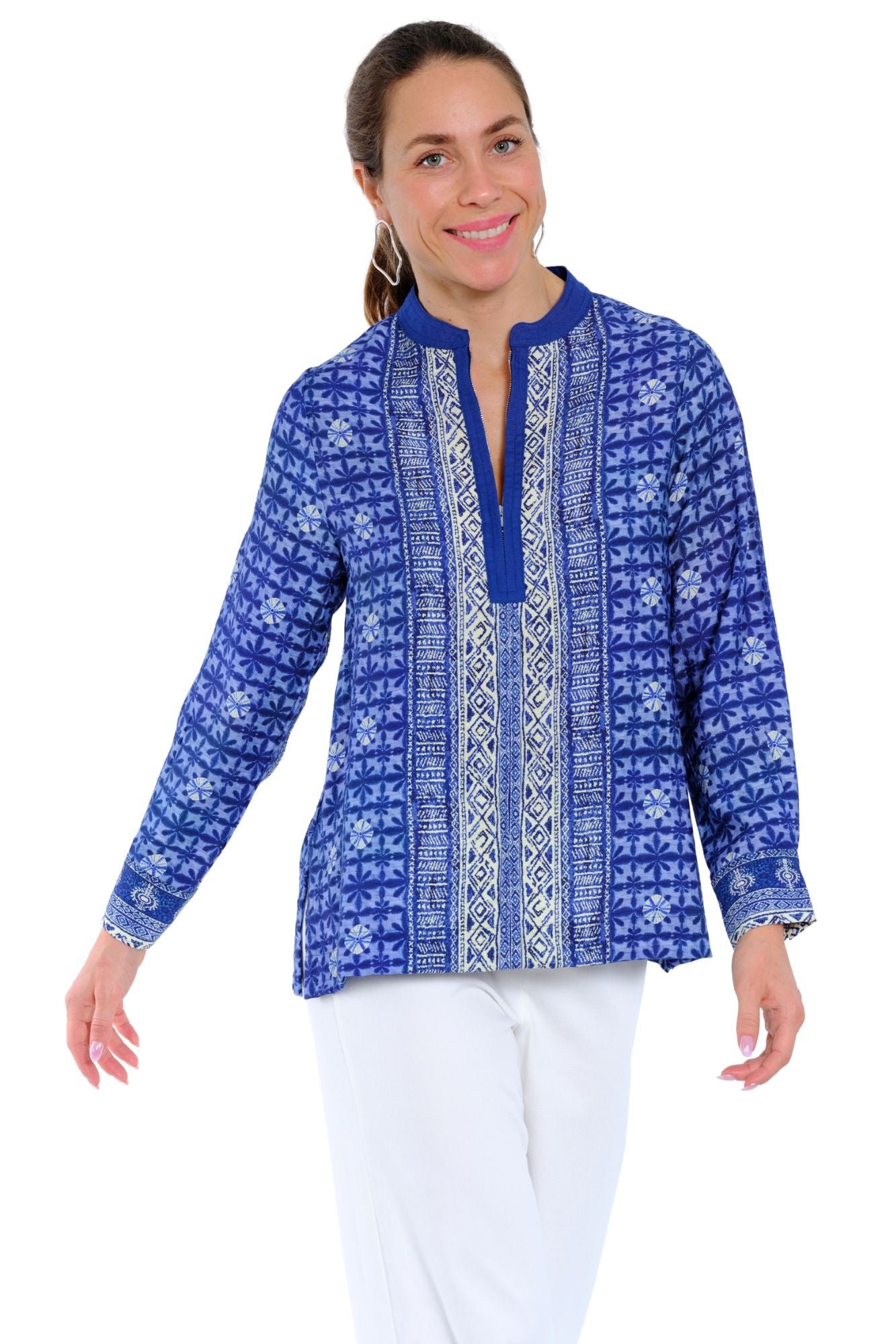 LIOR Maje blue and white printed split-neck tunic top for women, lightweight long sleeve travel blouse