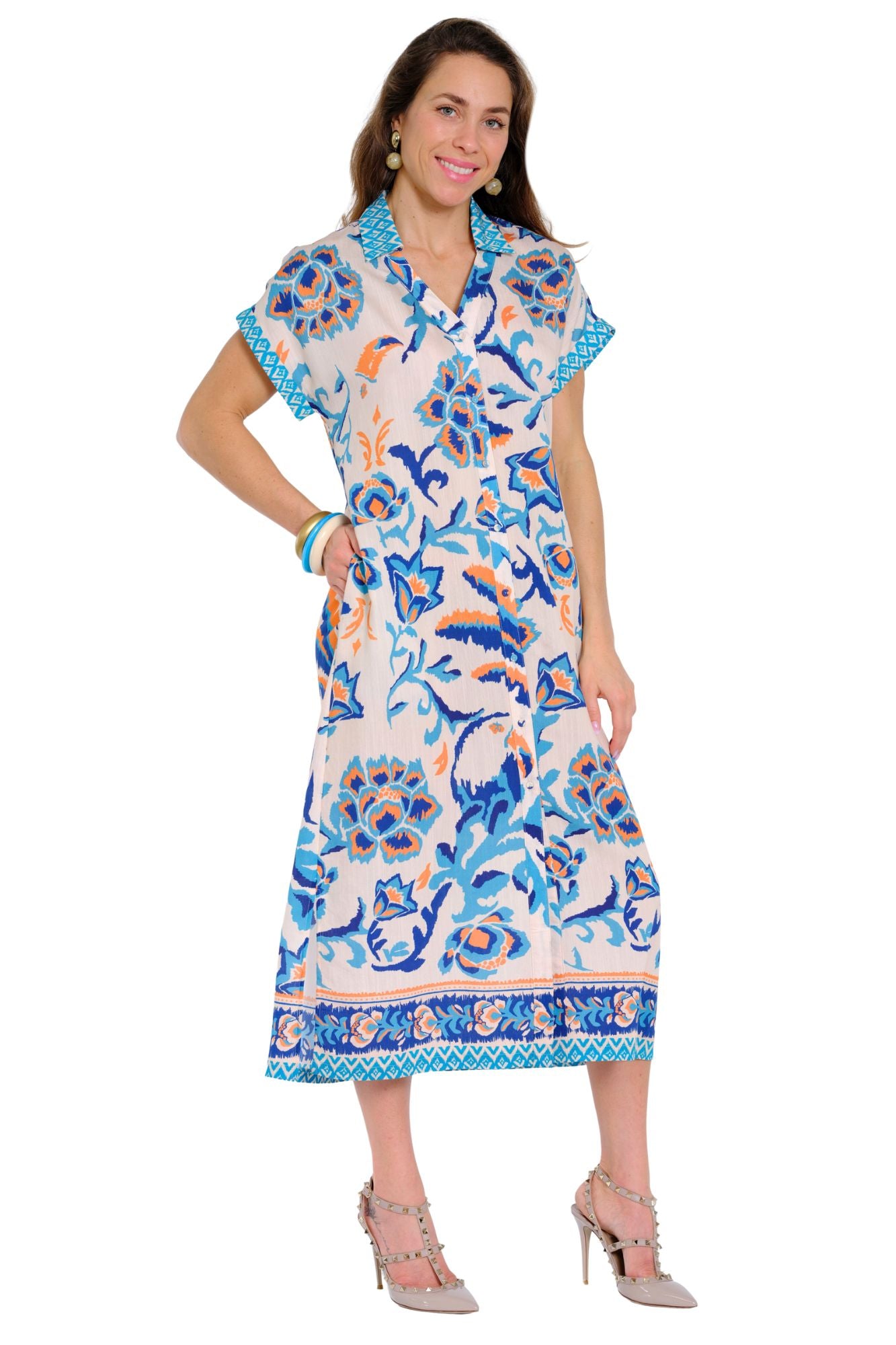 Blue and orange floral midi shirt dress for women with button front and collar