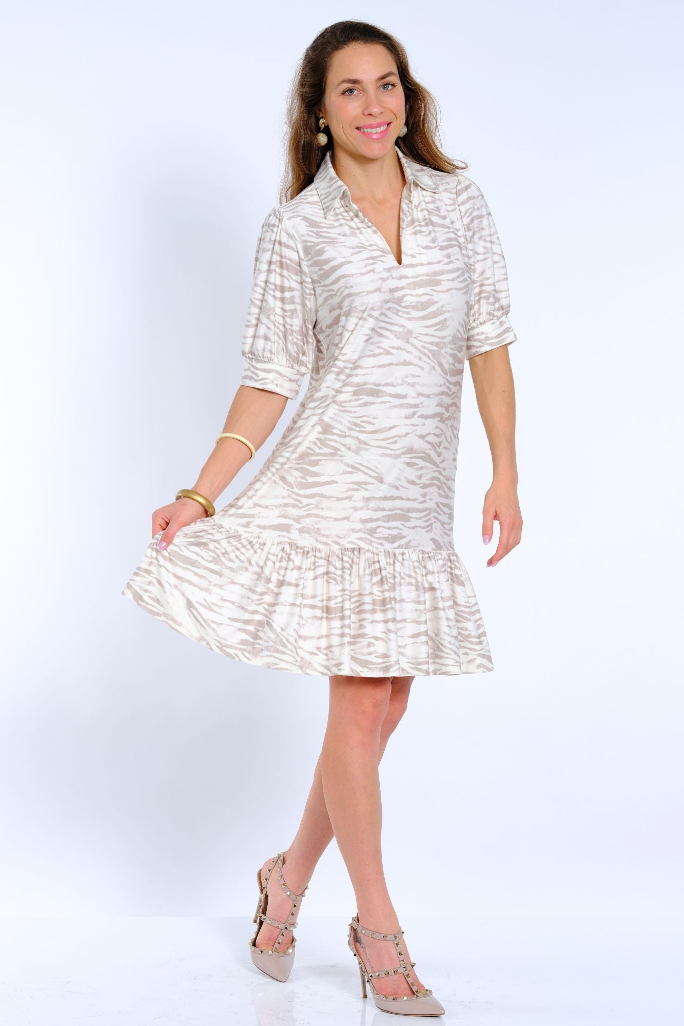 Lightweight travel-friendly beige animal print dress for women