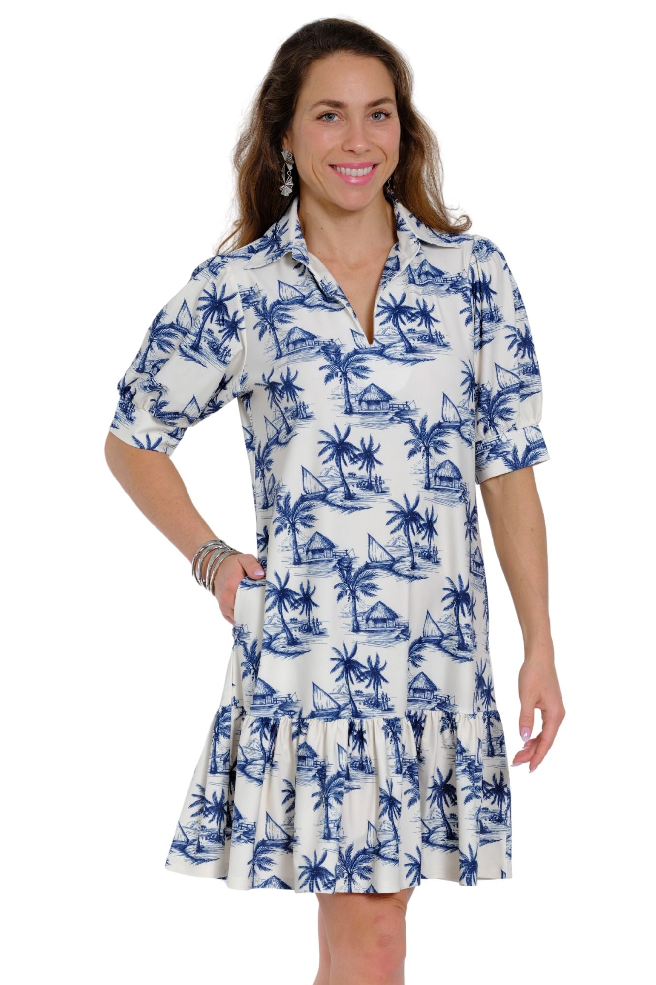 Palm print tropical shift dress for women in blue and white resort style