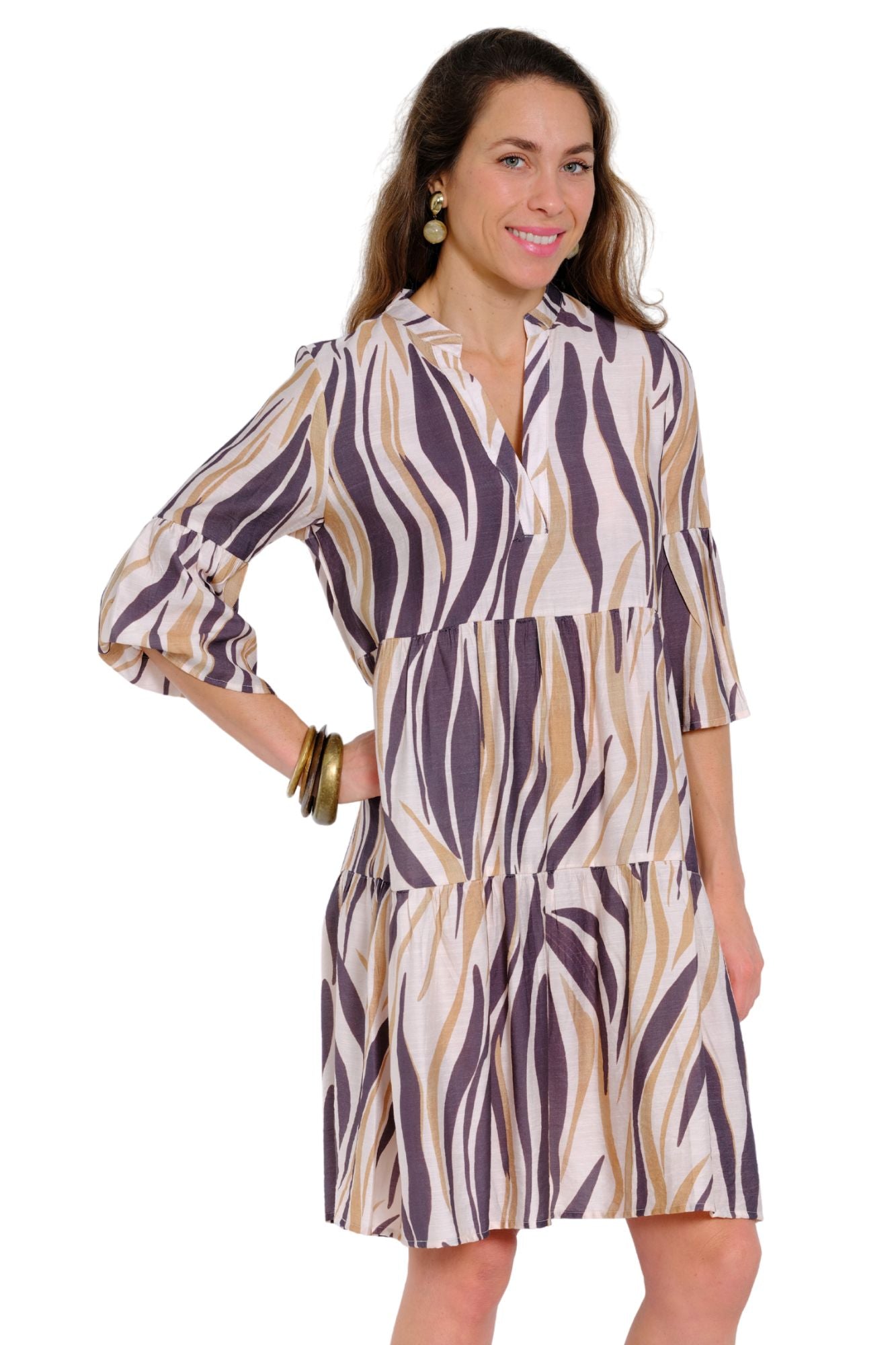 Beige taupe tiered casual dress for women with 3/4 sleeves and banded collar