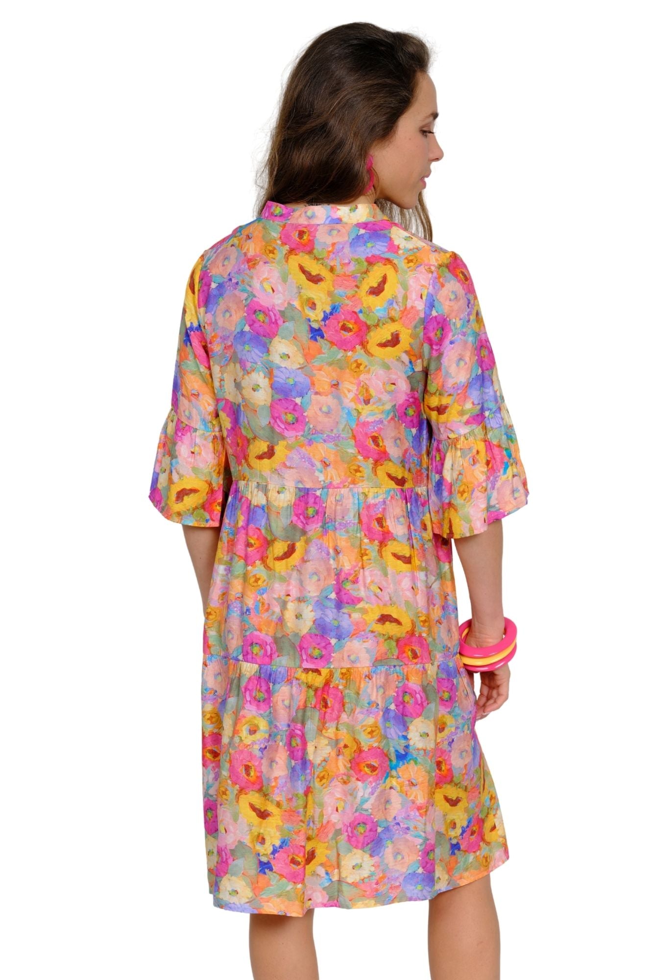 Pastel floral tiered casual dress for women with flowy fit and ruffle sleeve detail