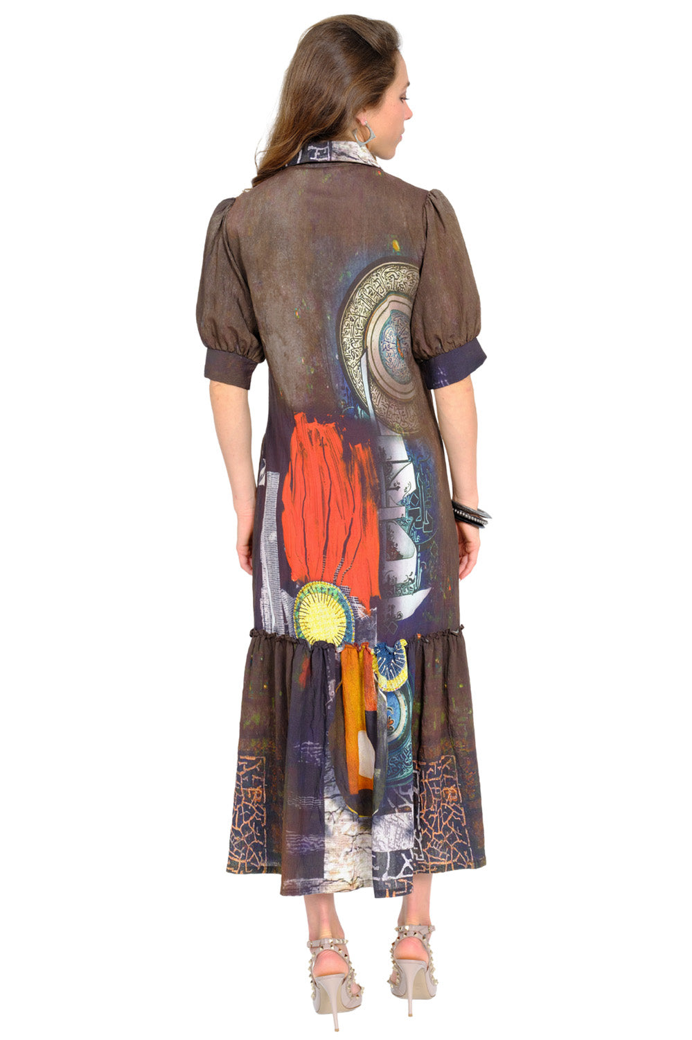 LIOR Women's Puff Sleeve Brown Abstract Midi Dress In Artistic Print -"Mika"