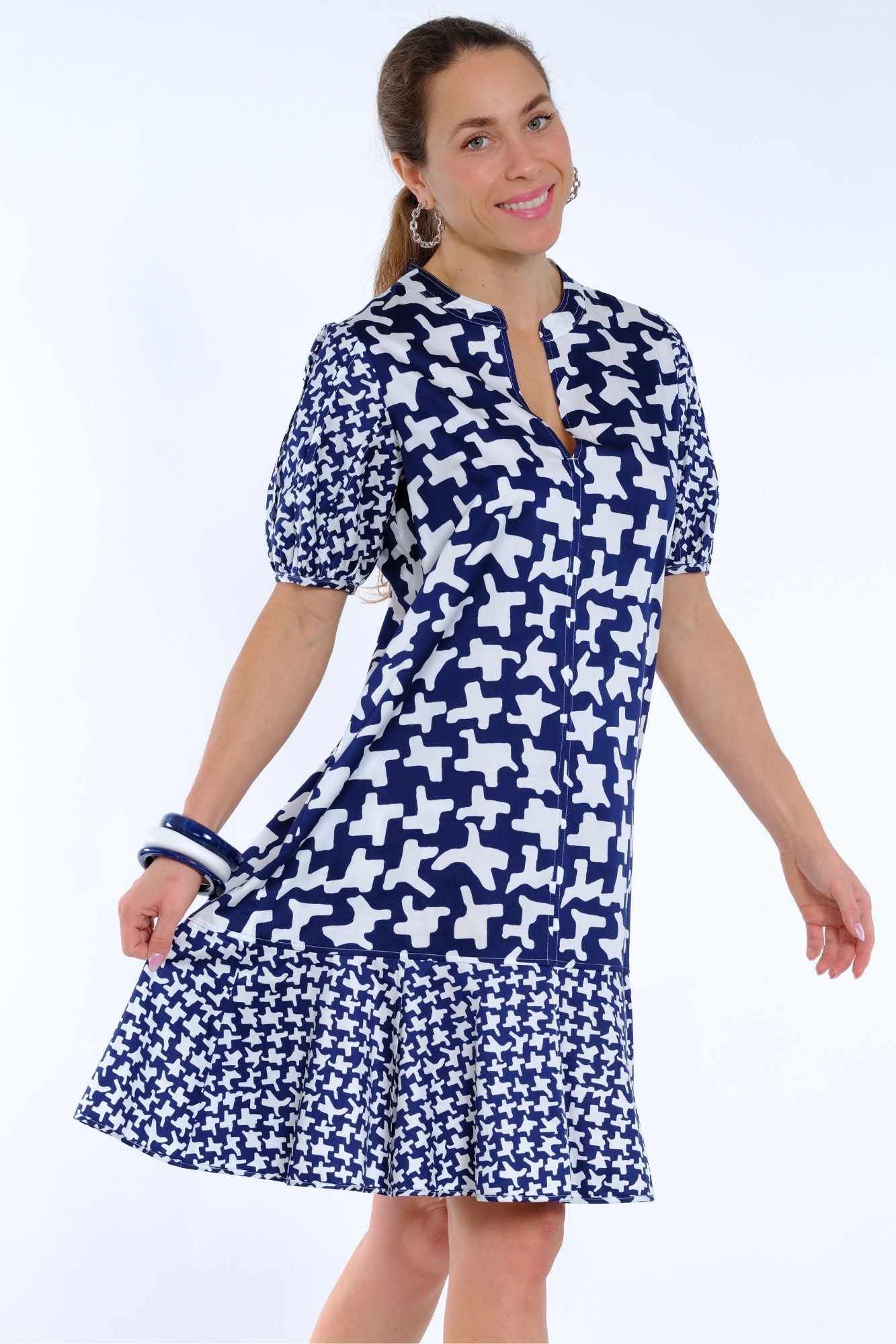 Navy and white houndstooth print knee length dress for women with short sleeves