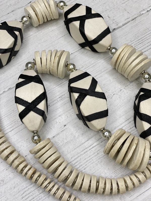 Alisha D Black Leather Wrapped Ivory Wood Bead Necklace