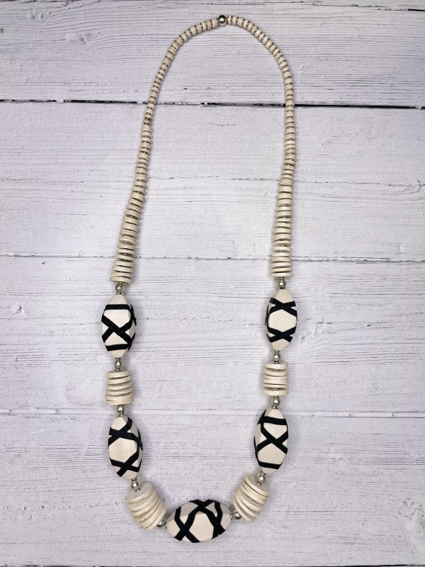 Alisha D Black Leather Wrapped Ivory Wood Bead Necklace