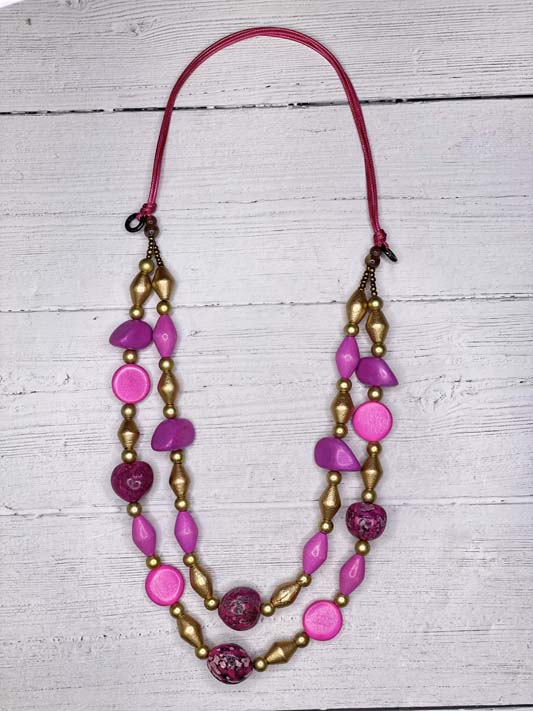 Alisha D Long Double Strands Pink Beaded Statement Necklace Adjustable Cord