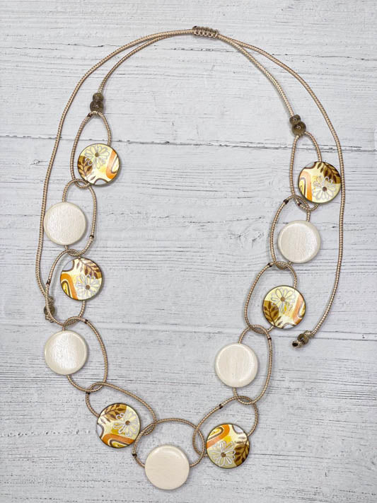 Alisha D Long Statement Necklace Adjustable Cord In Natural and Hand painted Wood Coin