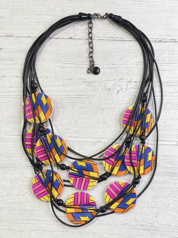 Alisha D Handmade Multi Strand Wood Coins Statement Necklace Multicolor