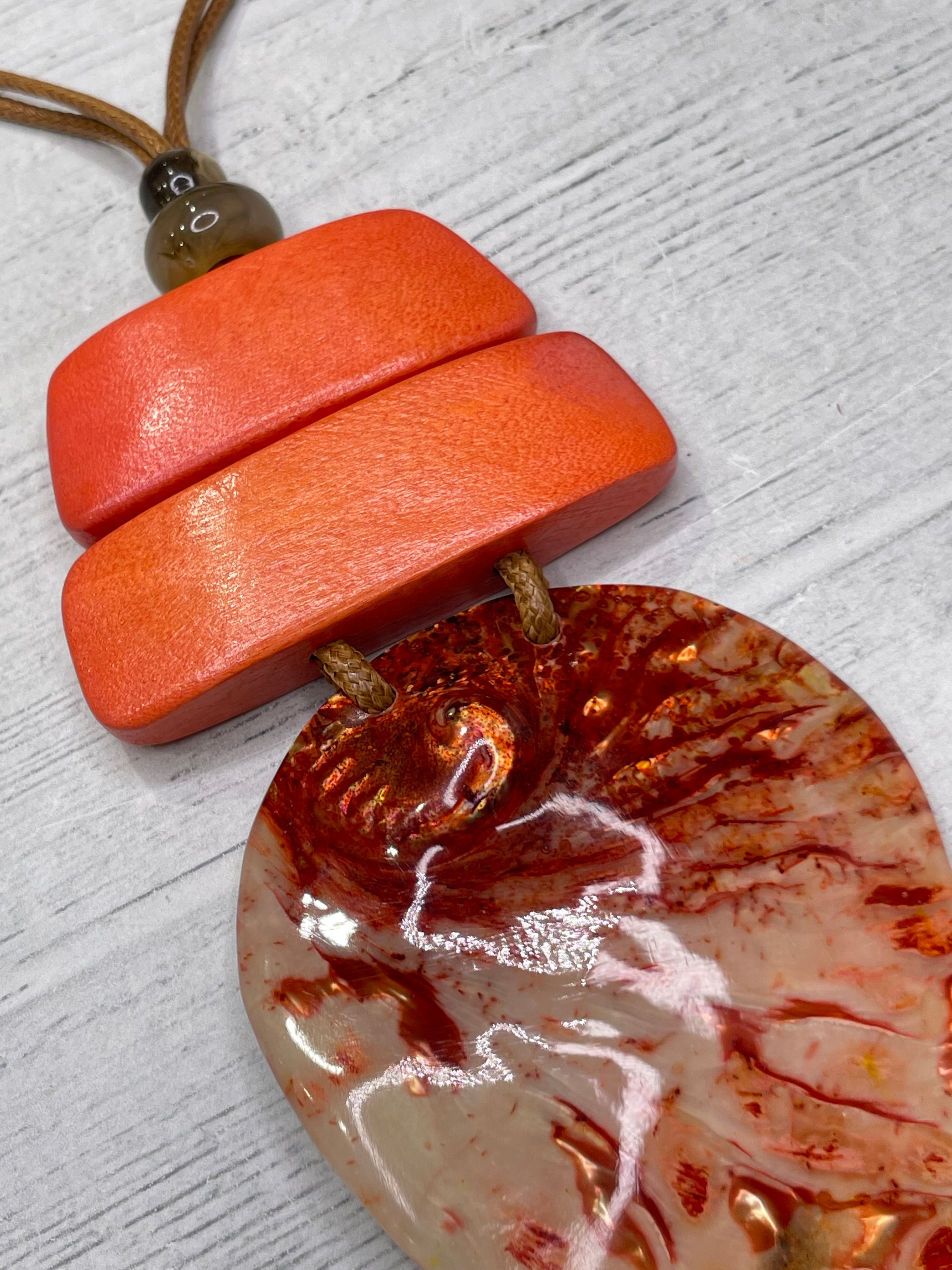 Alisha D Orange Tone Shell Pendant Necklace Adjustable Cord