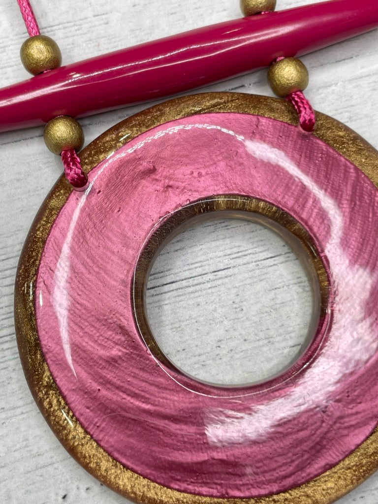 Alisha D Big Open Pink Gold Resin Pendant Necklace Adjustable Cord