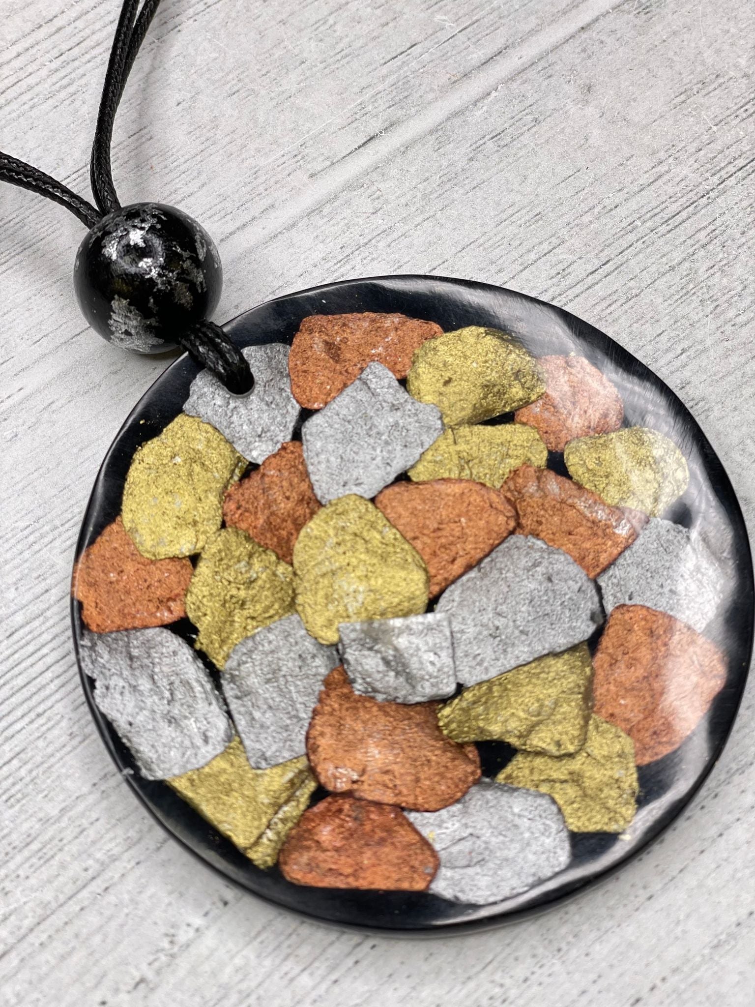 Alisha D Big Resin Pendant Statement Necklace Adjustable Cord Mosaic Colors