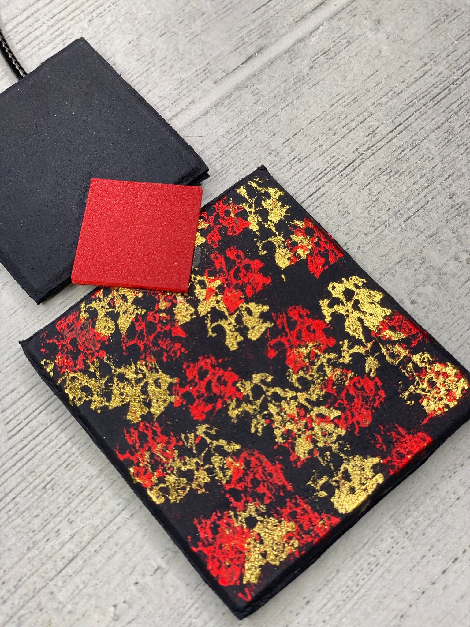 Alisha D Women's Necklace Faux Leather Squared Pendant Red Black