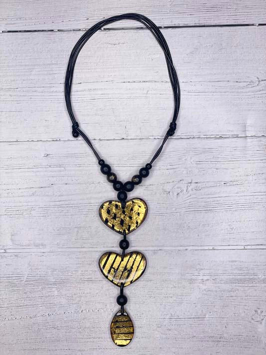 Alisha D Women's Necklace Heart Black Gold Resin Pendant Adjustable Cord