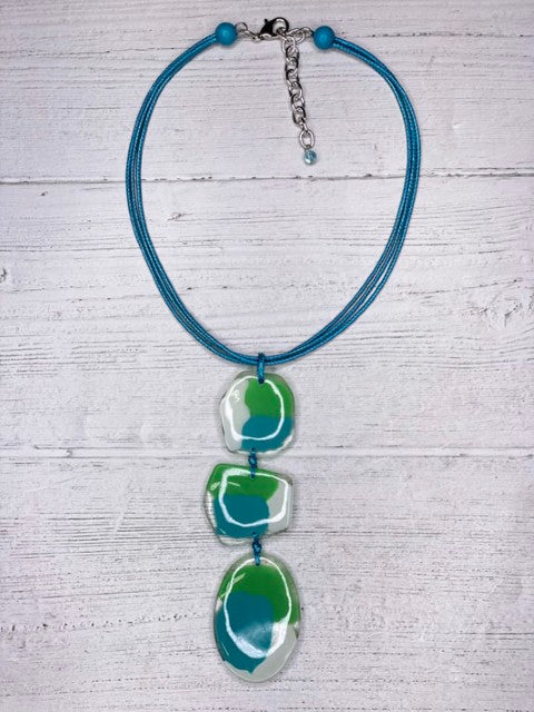 Alisha D Blue Green Resin Pendant Statement Multi Strand Cord Necklace