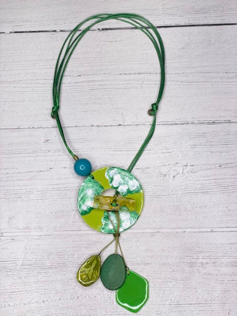 Alisha D Big Resin Pendant Green Tones Adjustable Cord Necklace