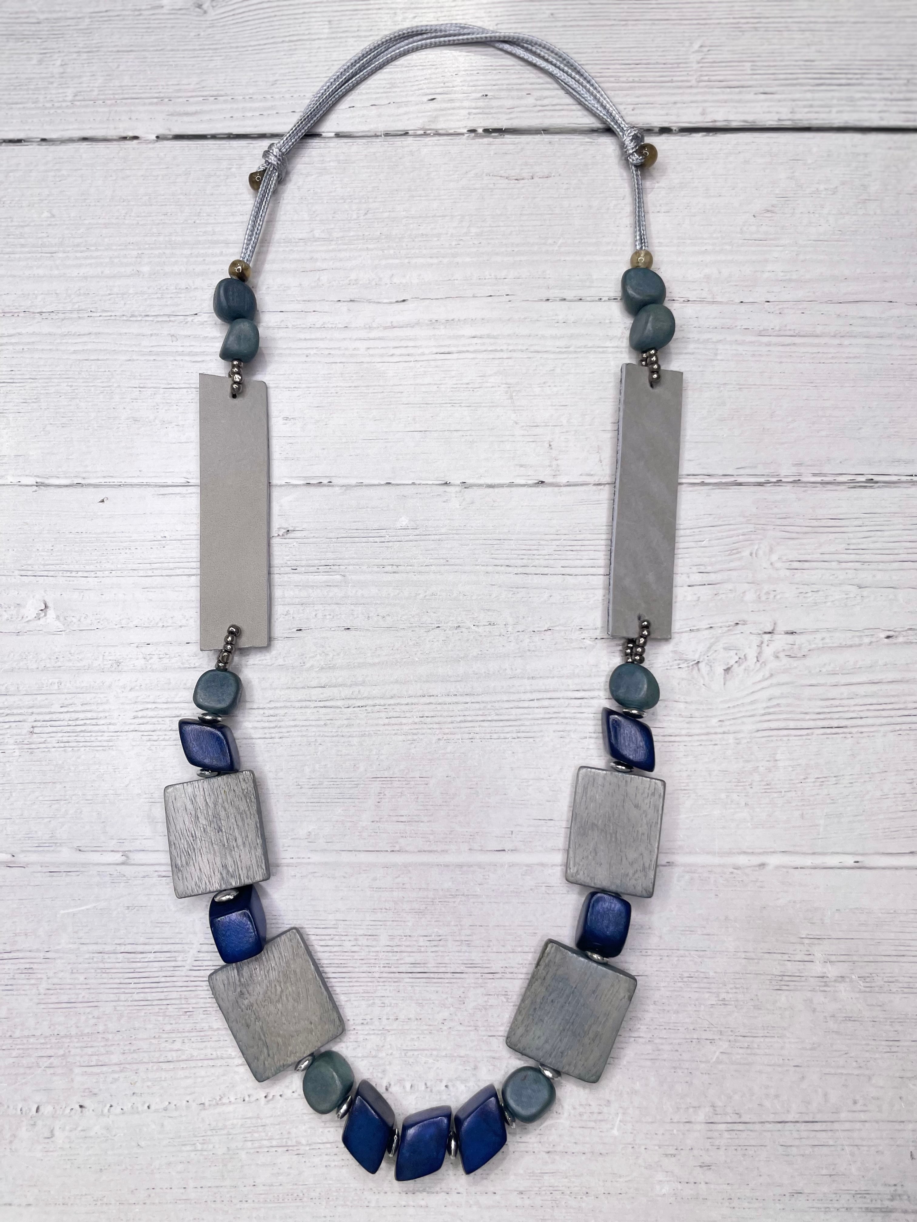 Alisha D Long Statement Necklace Adjustable Cord In Gray Navy Wood Beaded