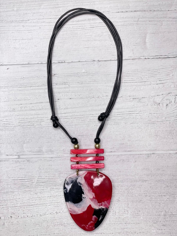 Alisha D Handmade Women's Necklace Resin Pendant Adjustable Cord Black Red