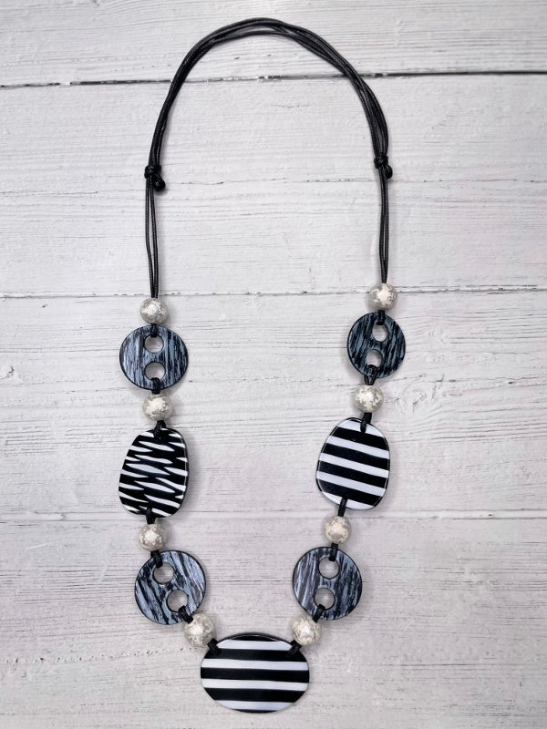 Alisha D Long Black White Statement Necklace Adjustable Cord