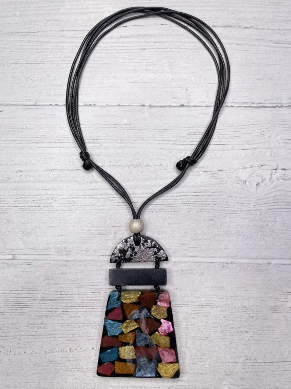 Alisha D Necklace Multicolor Mosaic Resin Pendant Adjustable Cord