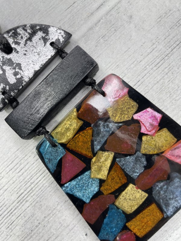 Alisha D Necklace Multicolor Mosaic Resin Pendant Adjustable Cord