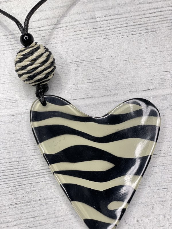 Alisha D Black White Heart Pendant Statement Necklace Adjustable Cord