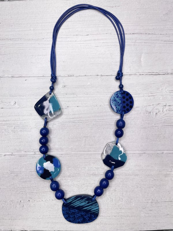 Alisha D Long Statement Necklace Adjustable Cord Blue Resin