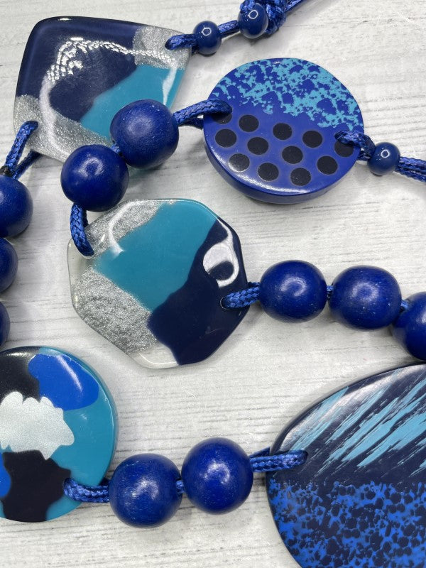 Alisha D Long Statement Necklace Adjustable Cord Blue Resin