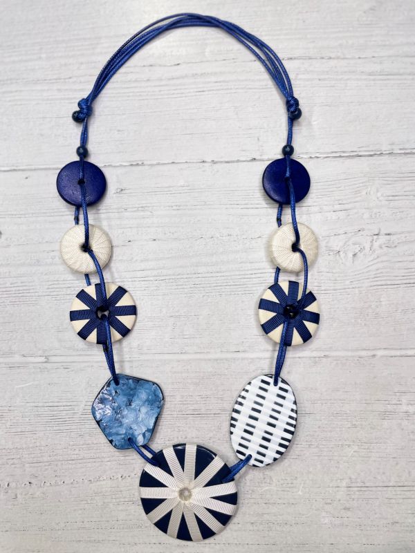 Alisha D Handmade Resin and Fabric Pieces Blue White Necklace Adjustable Cord