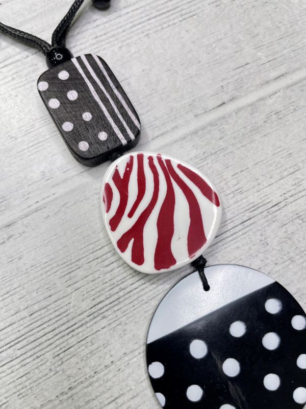 Alisha D Necklace Circle Pendant Adjustable Cord Polka Dots White