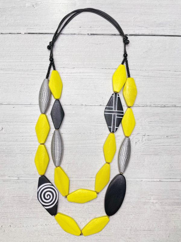 Alisha D Double Stands Wood Beaded Statement Necklace Bight Yellow