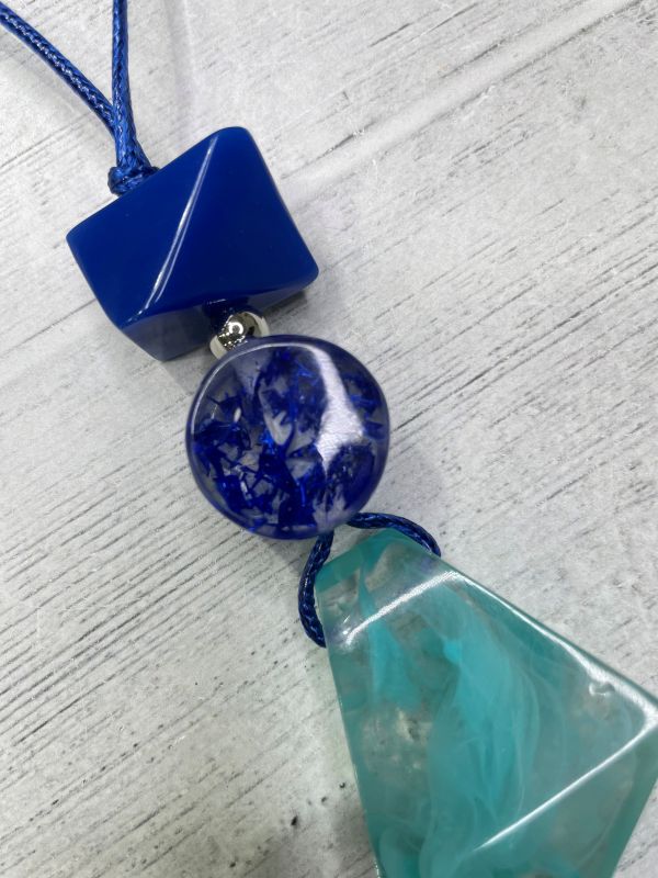 Alisha D Necklace Asymmetrical Blue Tone Resin Pendant Adjustable Cord