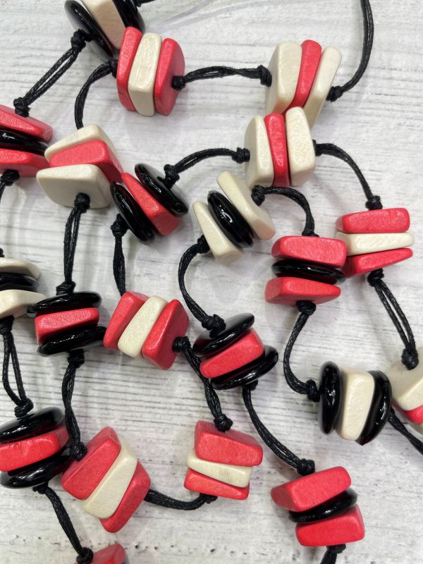 Alisha D Pink White Wood Geometric Beads Opera Necklace