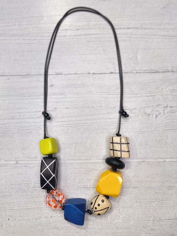 Alisha D Handmade Resin Wood Beaded Multicolor Necklace Adjustable Cord