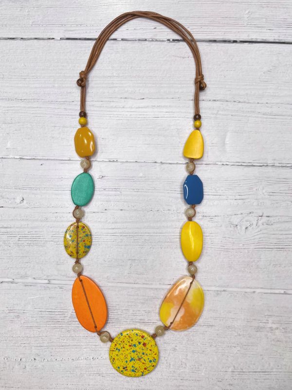 Alisha D Long Statement Necklace Adjustable Cord In Multicolor Resin Wood Beaded