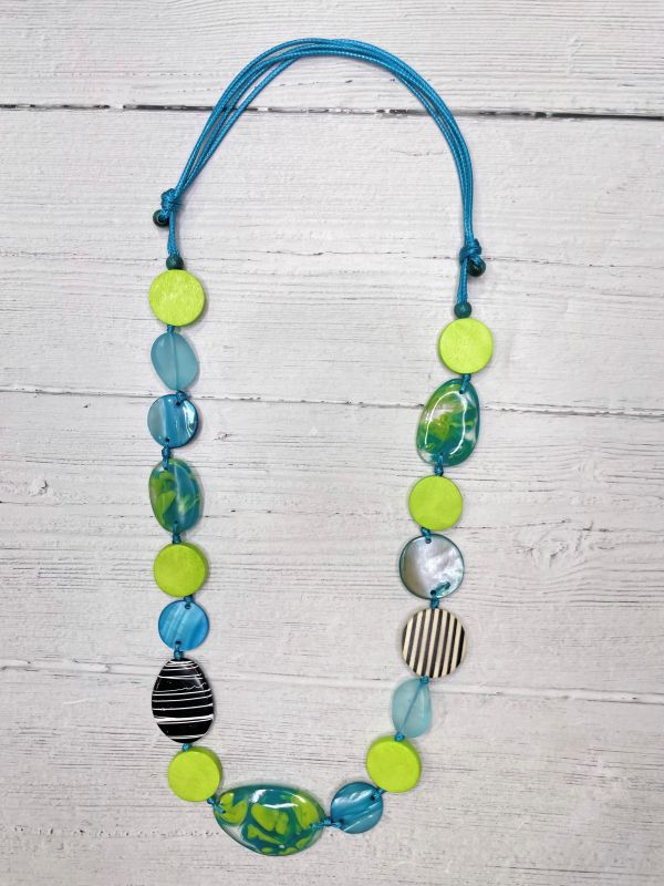 Alisha D Long Statement Necklace Adjustable Cord In Lime and Turquoise Sell Coin