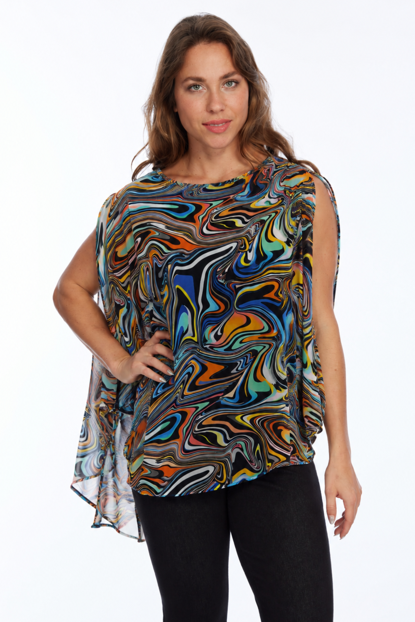 Lior Jewel Neck Draped Sleeve Layered Cape Top Multi Swirl Watercolor
