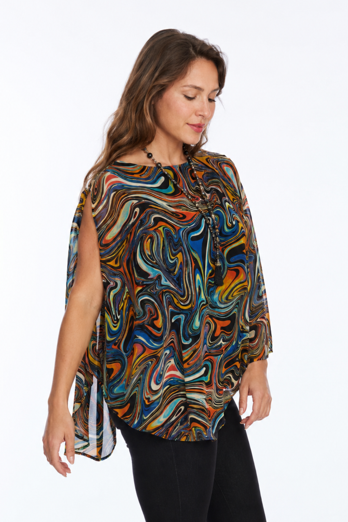 Lior Jewel Neck Draped Sleeve Layered Cape Top Multi Swirl Watercolor