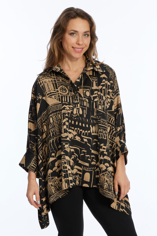 Black & Gold City Scape One Size Collar Top: Perfect For All Sizes | LIOR