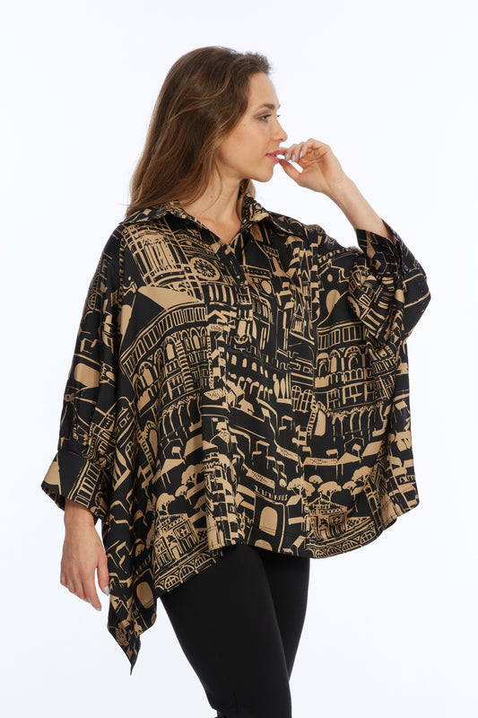 Black & Gold City Scape One Size Collar Top: Perfect For All Sizes | LIOR