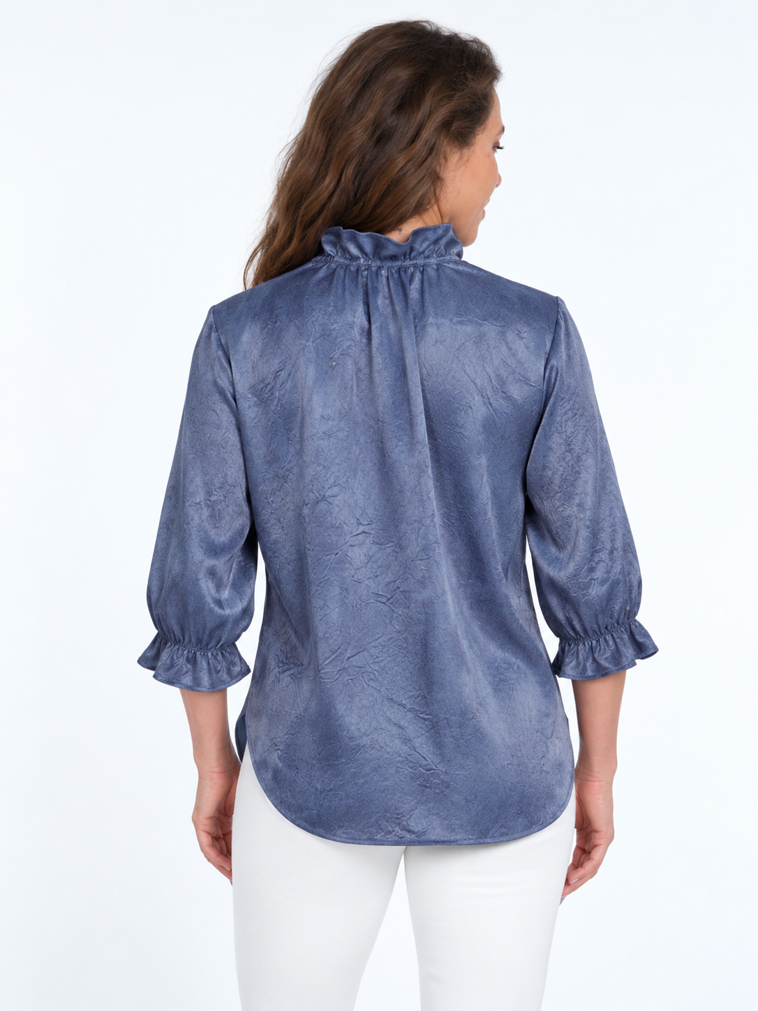 Women's Slate Blue 3/4 Ruffle Neck & V Neck Curve Hem Blouse - "Hailey"