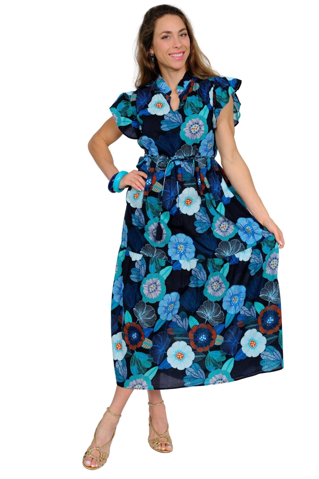 Blue floral maxi dress for women with ruffle sleeves and relaxed fit belt