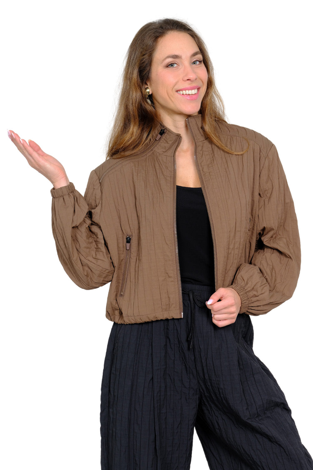 women’s **brown/mocha** crinkle zip bomber jacket with mock neck and zip pockets