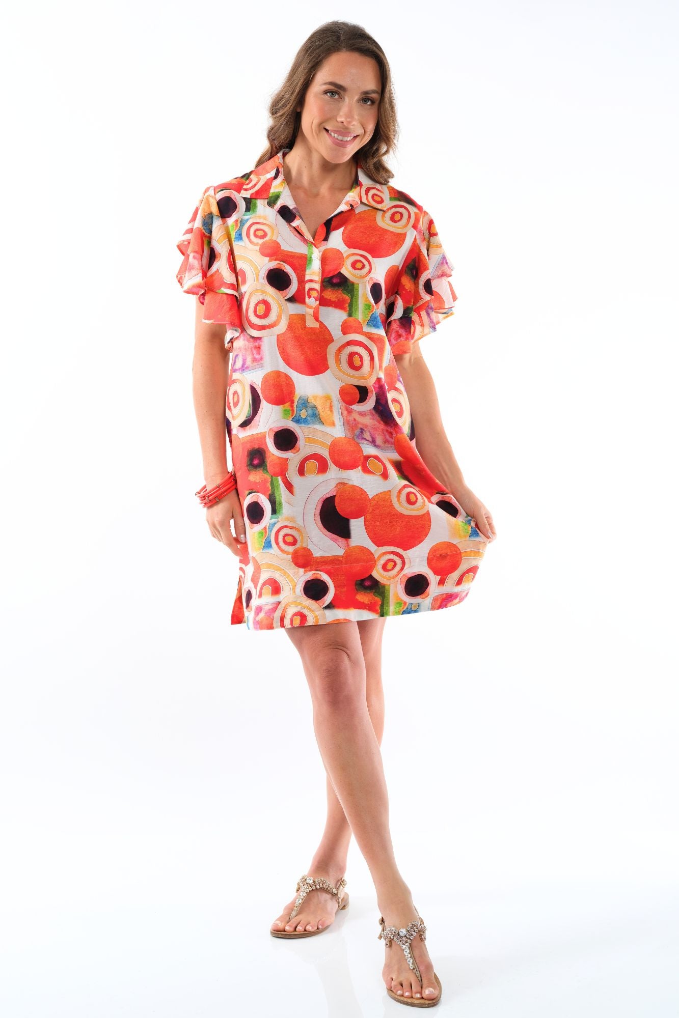 LIOR Women's Bright Orange Multi Print Knee Length Dress With Collar & Flounce Sleeves Side Pockets - "Ace"