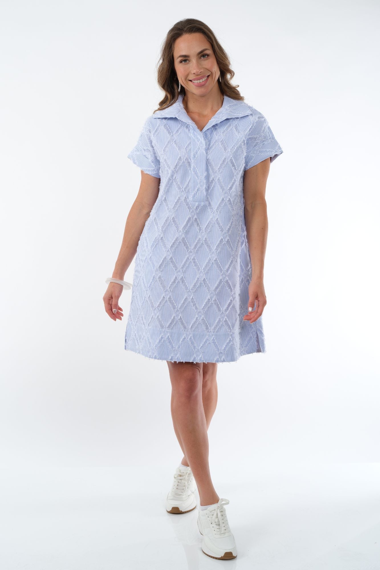 LIOR Women's Blue & White Stripe Eyelash Sleeve Knee Length Dress With Collar Side Pockets - "Agnes"